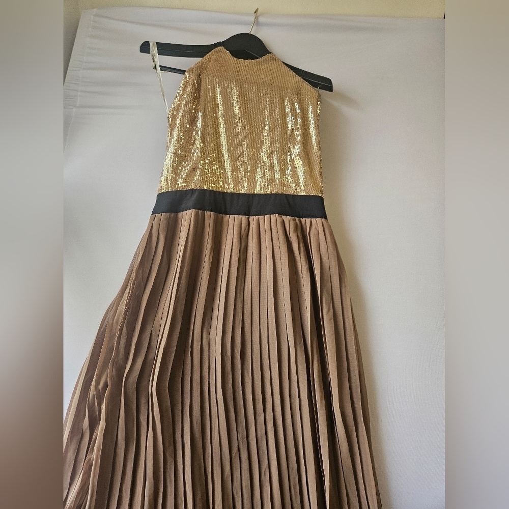 Marineblu  Size L Gold Sequin Halter Dress with Pleated Skirt High Low.